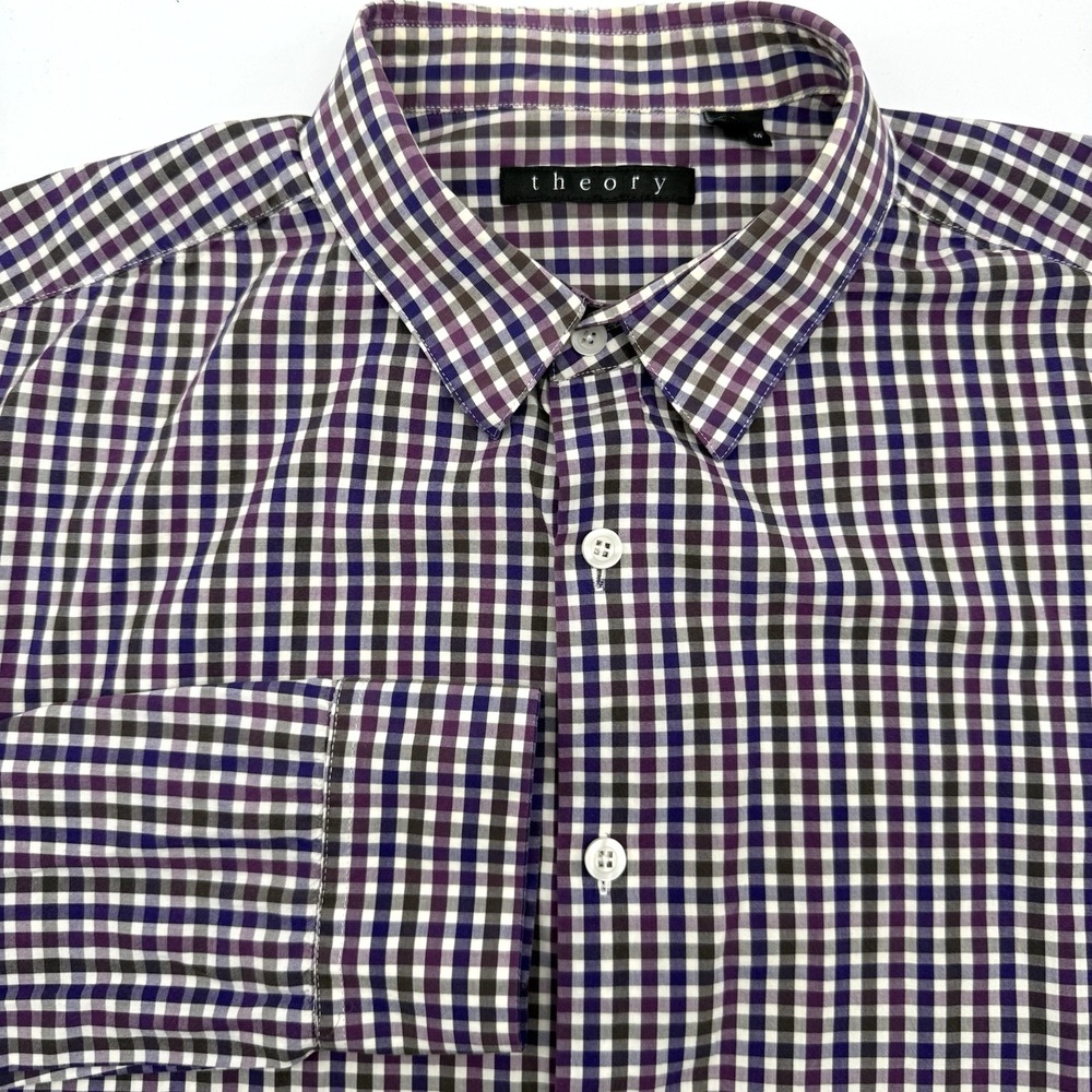 Theory Button Down Mens M Purple Gingham‎ Sylvain Long Sleeve Cotton Check Shirt